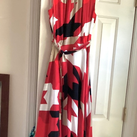 Hobbs London multicolor abstract collar neck sleeveless midi fit and flare dress - Picture 2 of 9